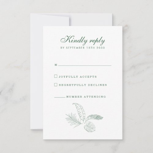 Tropical Vintage Leaf Green Minimal Wedding RSVP