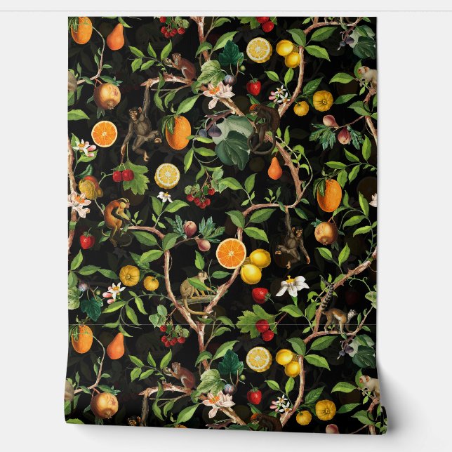 Tropical Vintage Monkey Fruit Garden Chinoiserie Wallpaper (Unrolling)
