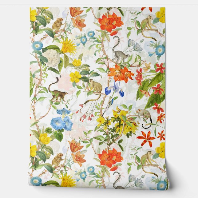 Tropical Vintage Monkeys Garden Rococo Chinoiserie Wallpaper (Unrolling)