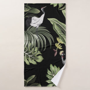 Tropical vintage night crane bird, palm trees, ban bath towel