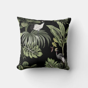 Tropical vintage night crane bird, palm trees, ban throw pillow