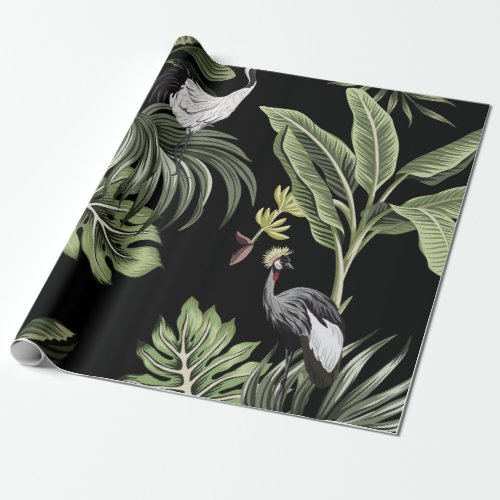 Tropical vintage night crane bird palm trees ban wrapping paper