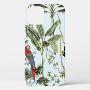 Tropical vintage palm trees, liana, macaw parrot, iPhone 12 case