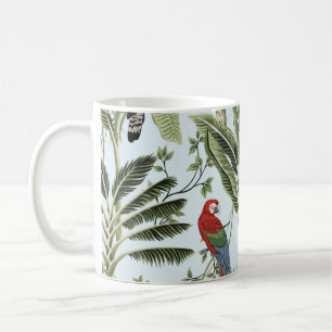 Tropical vintage palm trees, liana, macaw parrot, coffee mug