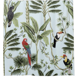 Tropical vintage palm trees, liana, macaw parrot, shower curtain