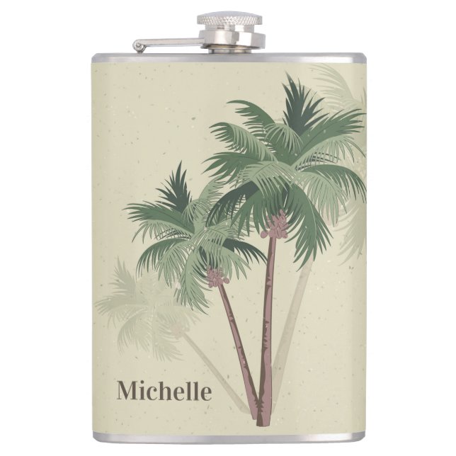 Tropical Vintage Palm Trees on Pale Green Flask (Front)