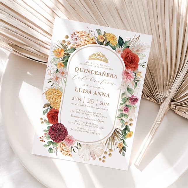 Tropical Vintage Pampas Floral Garden Quinceañera Invitation (Creator Uploaded)