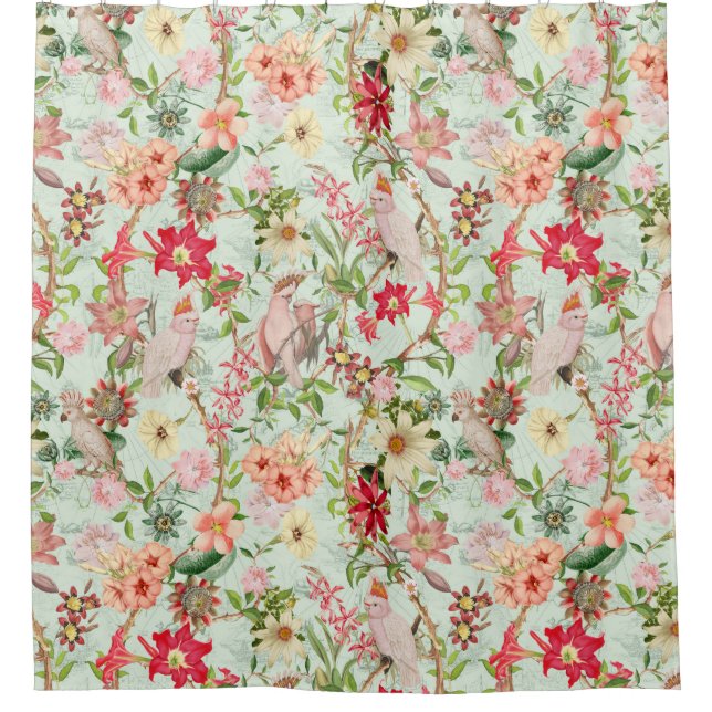 Tropical Vintage Parrots Garden Chinoiserie Shower Curtain (Front)
