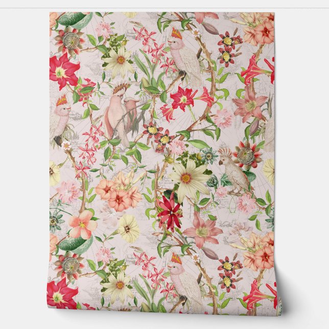 Tropical Vintage Parrots Garden Chinoiserie  Wallp Wallpaper (Unrolling)