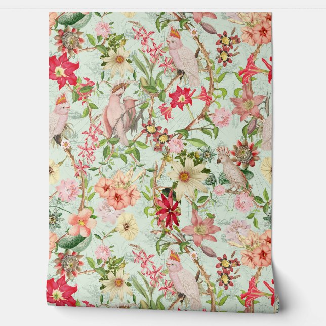 Tropical Vintage Parrots Garden Chinoiserie Wallpaper (Unrolling)