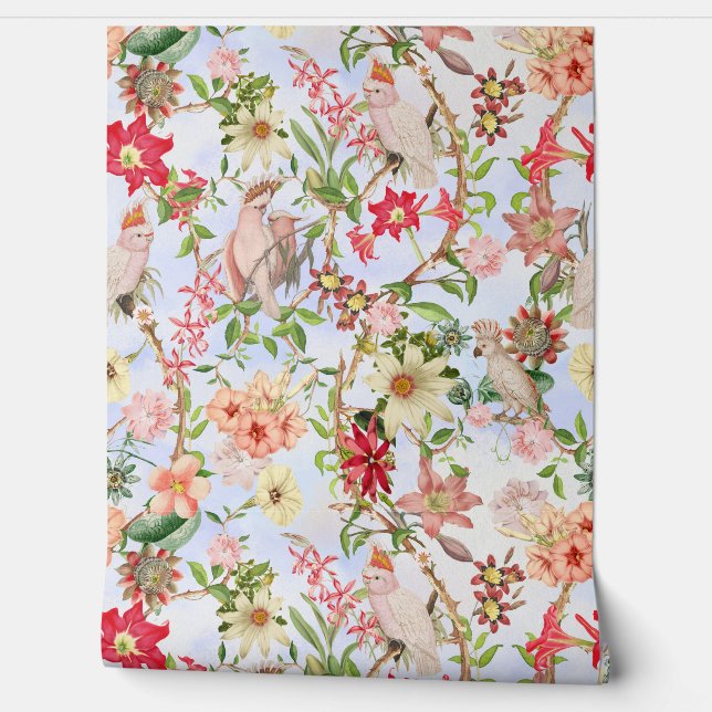 Tropical Vintage Parrots Garden Chinoiserie Wallpaper (Unrolling)