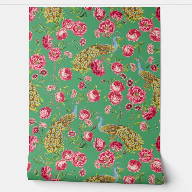 Tropical Vintage Peacock Garden Rococo Chinoiserie Wallpaper (Unrolling)