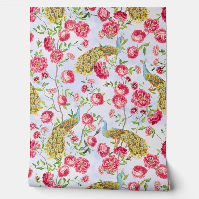 Tropical Vintage Peacock Garden Rococo Chinoiserie Wallpaper (Unrolling)