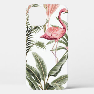 Tropical vintage pink flamingo, banana trees and iPhone 12 case