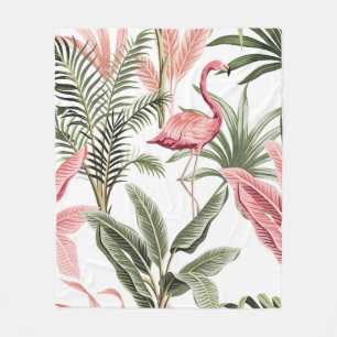 Tropical vintage pink flamingo, banana trees and fleece blanket