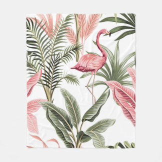 Tropical vintage pink flamingo,  banana trees and  fleece blanket