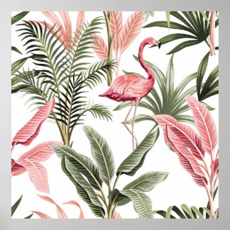 Tropical vintage pink flamingo,  banana trees and  poster