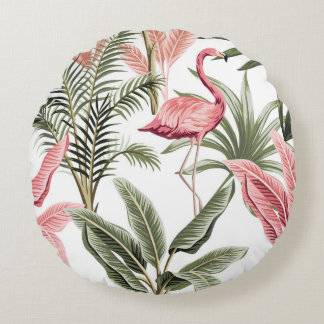 Tropical vintage pink flamingo, banana trees and round pillow