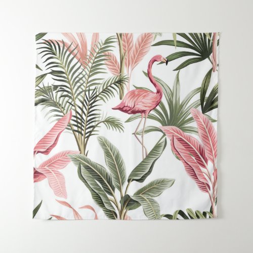 Tropical vintage pink flamingo  banana trees and  tapestry