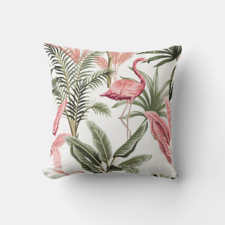 Tropical vintage pink flamingo,  banana trees and  throw pillow