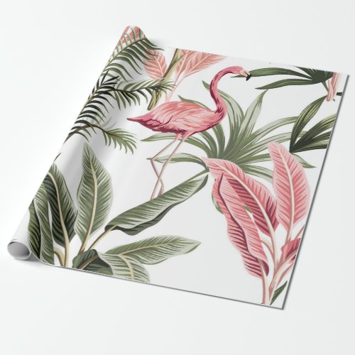 Tropical vintage pink flamingo  banana trees and  wrapping paper