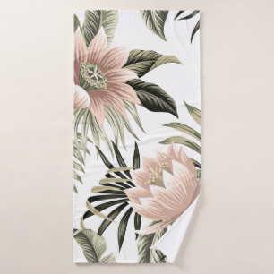 Tropical vintage pink lotus, palm leaves, banana bath towel
