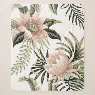 Tropical vintage pink lotus, palm leaves, banana sherpa blanket