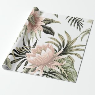 Tropical vintage pink lotus, palm leaves, banana wrapping paper