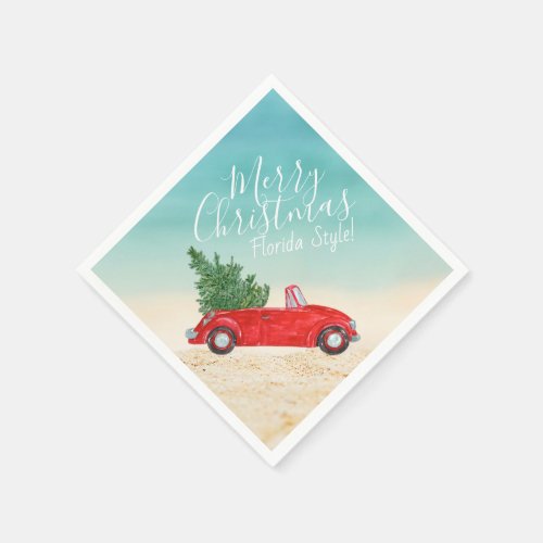Tropical Vintage Red Car  Christmas Tree Napkins