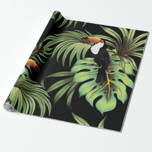 Tropical vintage toucan, palm leaves floral seaml wrapping paper