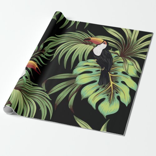 Tropical vintage toucan  palm leaves floral seaml wrapping paper