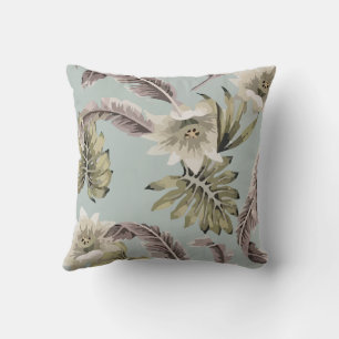 Tropical Vintage White Hibiscus Palm Throw Pillow