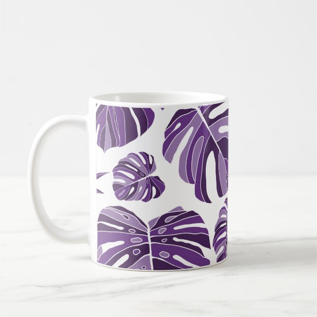 Tropical violet monstera leaves seamless pattern w coffee mug (Left)
