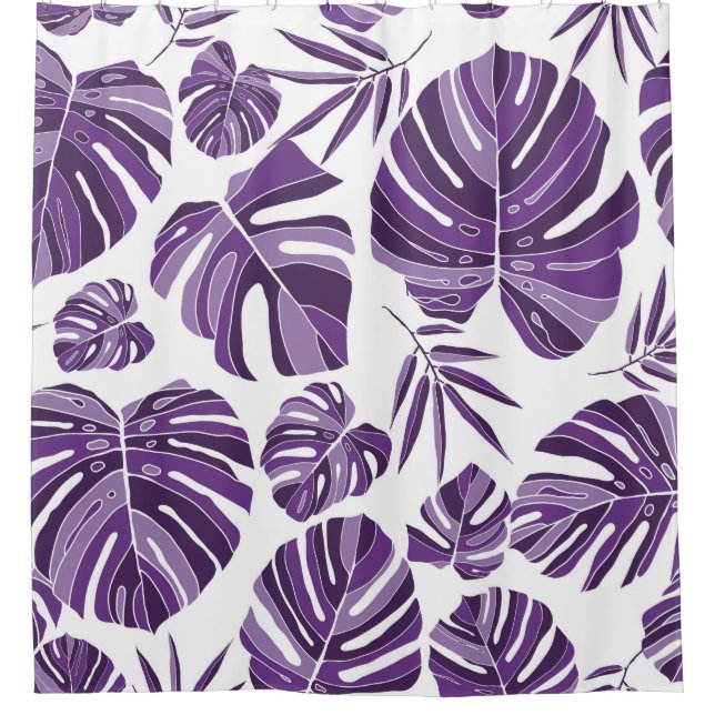 Tropical violet monstera leaves seamless pattern w shower curtain (Front)