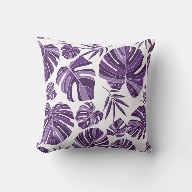 Tropical violet monstera leaves seamless pattern w throw pillow (Front)