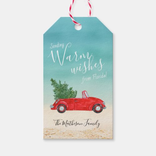Tropical Warm Wishes Vintage Red Car Christmas Gift Tags