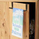 Tropical Wash Your Palm Tree Beach Blue Green Kitchen Towel<br><div class="desc">Wash your palms with this fun, coastal vibe, modern tropical palm tree design of three, white tree silhouettes against a blue and green ombre background. Get good vibes every time you look at this towel with it's fun reminder to wash up and knowing that palm trees symbolize peace, abundance and...</div>