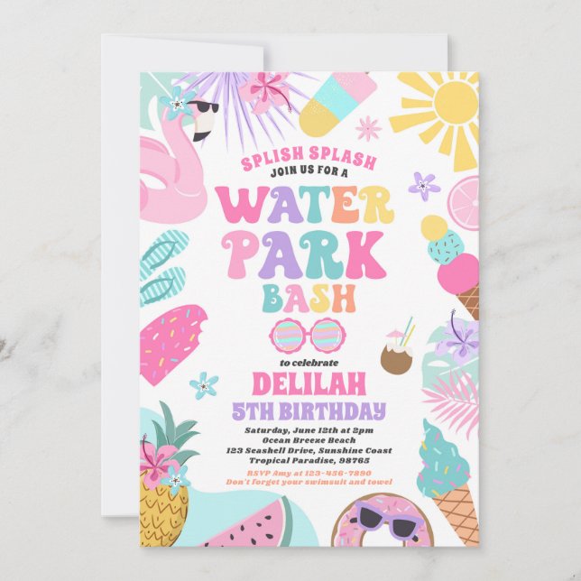  Tropical Water Park Summer Birthday Party Invitation (Front)
