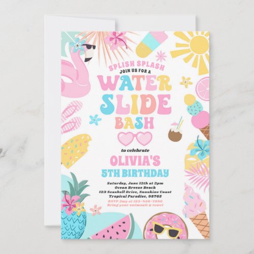  Tropical Water Slide Summer Birthday Party Invitation