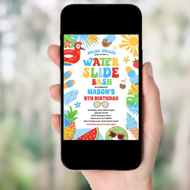  Tropical Water Slide Summer Birthday Party Invitation (Front Digital)