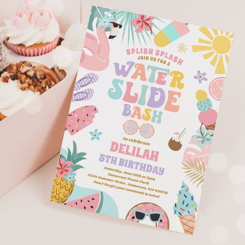  Tropical Water Slide Summer Birthday Party Invitation