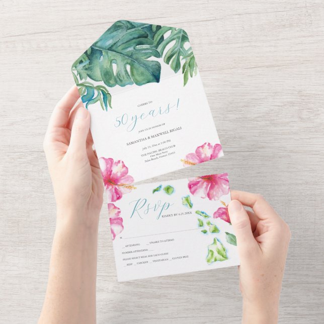 Tropical Watercolor 50th Wedding Anniversary All In One Invitation (Tearaway)