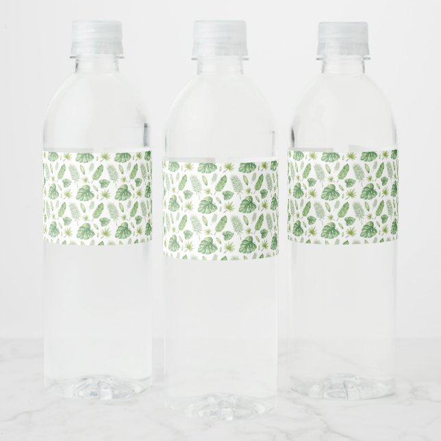 Tropical Watercolor Banana Leaves Water Bottle Label (Bottles)