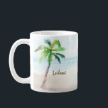 Tropical Watercolor Beach Palm Tree Coffee Mug<br><div class="desc">Tropical coffee mug featuring  a watercolor beach and palm tree landscape in shades of aqua,  blue,  teal,  turquoise and sand beige.  Can be easily customized with your name or initials,  just click "personalize".  Coordinates with my Tropical Paradise wedding collection.</div>