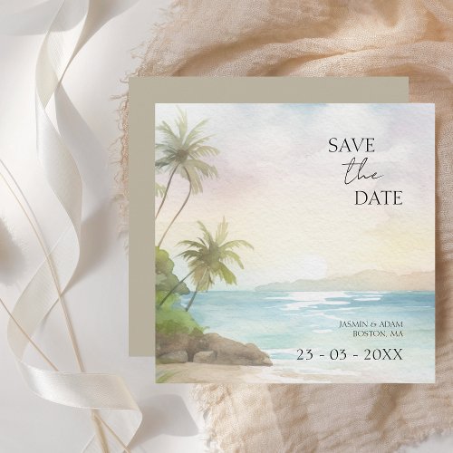 Tropical Watercolor Beach Palm Trees Wedding Save The Date