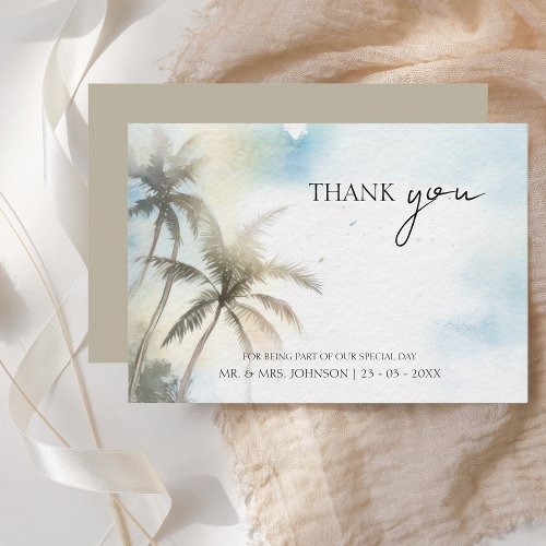 Tropical Watercolor Beach Palm Trees Wedding Thank You Card