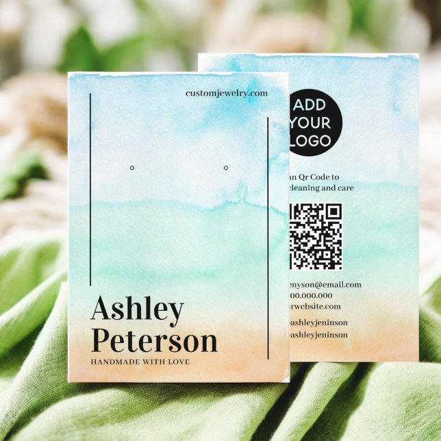 Tropical watercolor beach Qr logo earring display Business Card (Tropical watercolor beach Qr logo earring display Business Card)