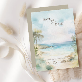 Tropical Watercolor Beach Scene Wedding Save The Date