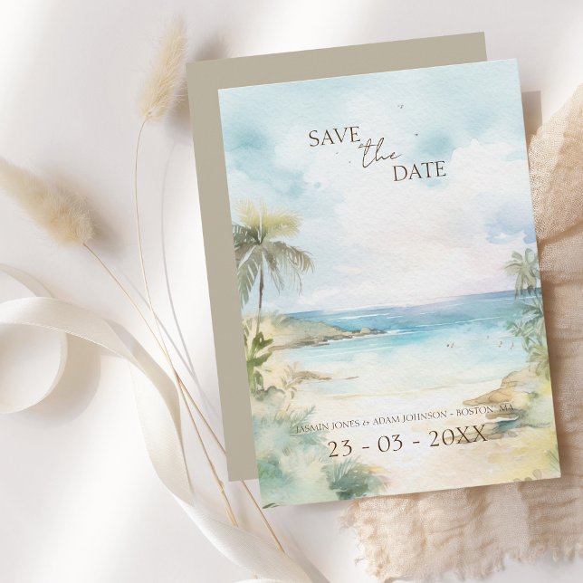 Tropical Watercolor Beach Scene Wedding Save The Date (Creator Uploaded)