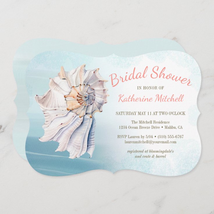 Tropical Watercolor Beach Seashell Bridal Shower Invitation Zazzle